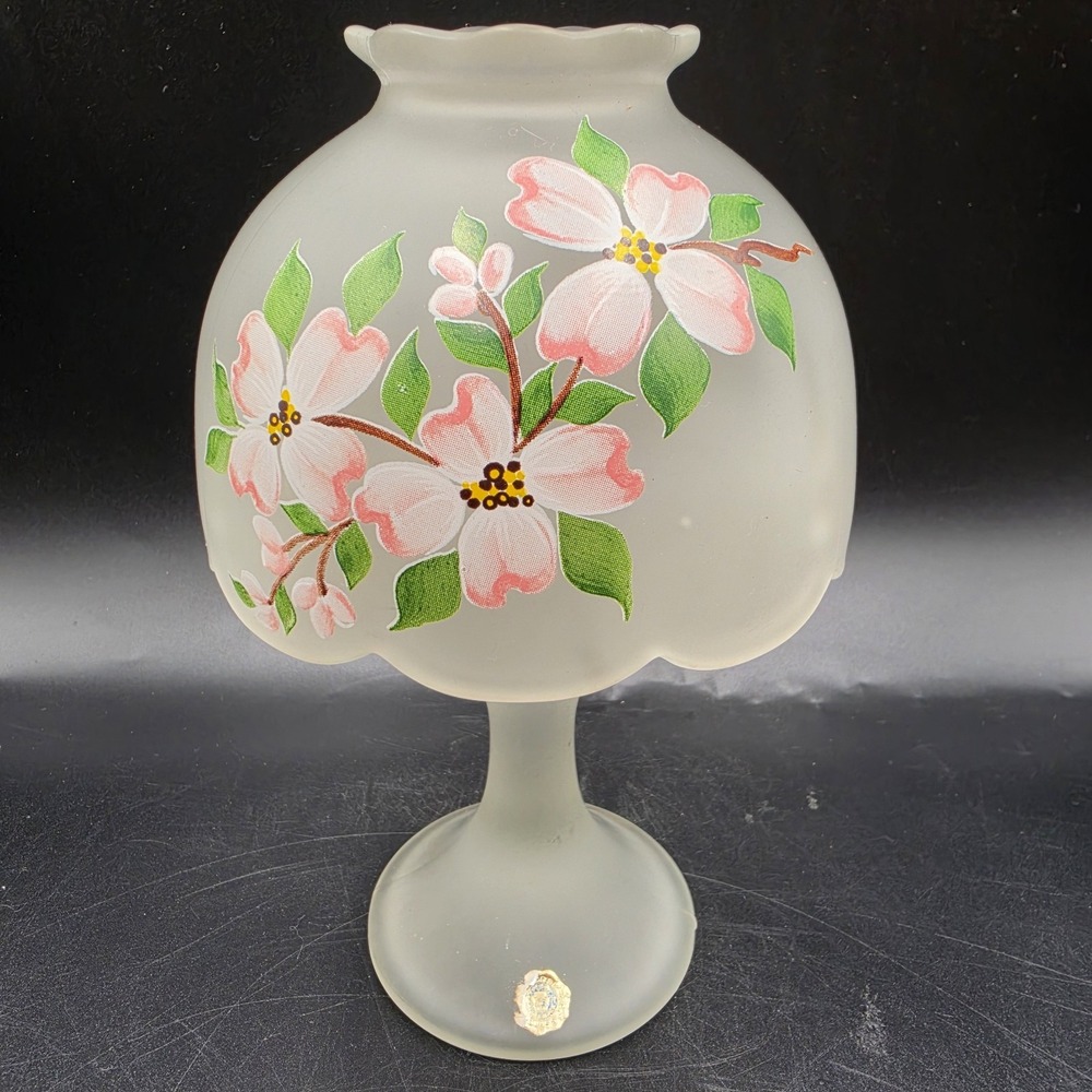 Vintage Westmoreland Frosted Satin Glass Fairy Lamp Hand Painted Pink Dogwood